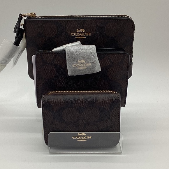 2145. Coach Small Trifold Wallet Brown/Black/Gold Signature Leather - Picture 1 of 6